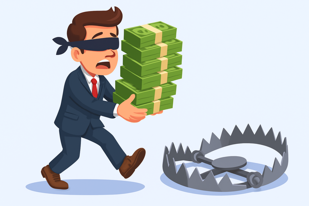 Blindfolded business man carrying a stack of money walks into a trap