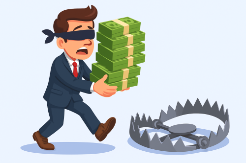 Blindfolded business man carrying a stack of money walks into a trap